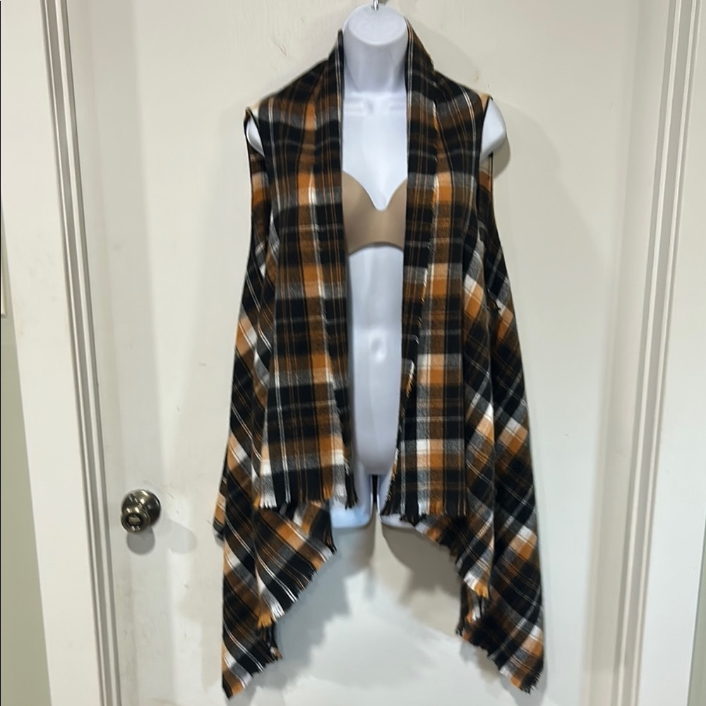 Seven Islands Plaid Orange Black & White Sleeveless Shawl Vest - Plus One Size